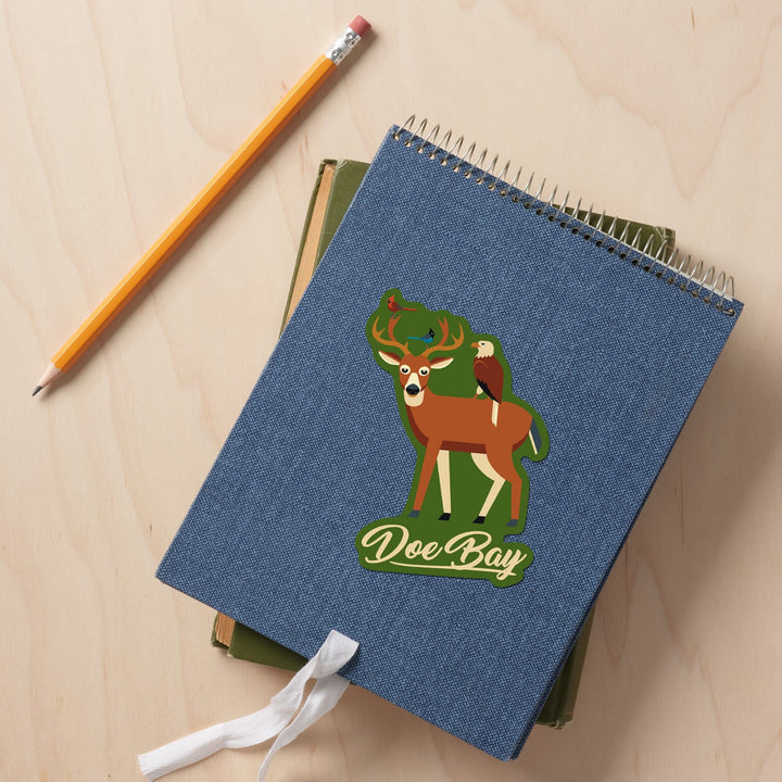 Doe Bay, Orcas Island, Washington, Deer and Birds, Geometric, Contour, Vinyl Sticker Sticker Lantern Press 