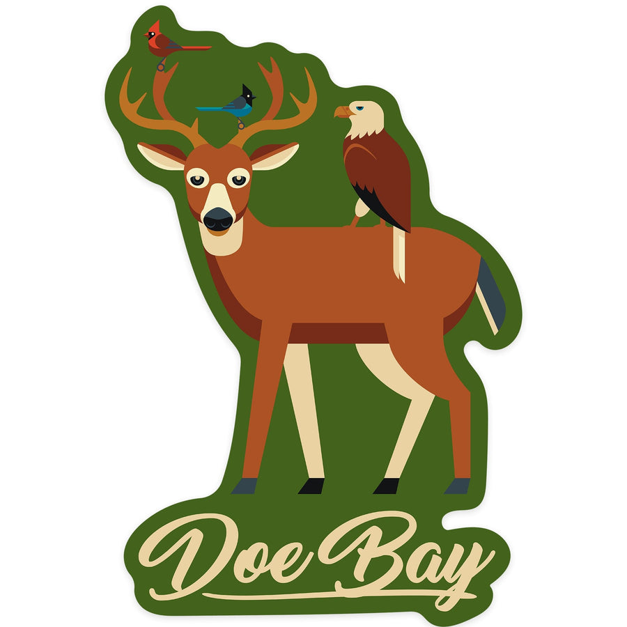 Doe Bay, Orcas Island, Washington, Deer and Birds, Geometric, Contour, Vinyl Sticker Sticker Lantern Press 
