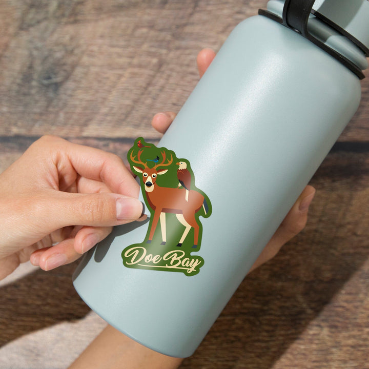 Doe Bay, Orcas Island, Washington, Deer and Birds, Geometric, Contour, Vinyl Sticker Sticker Lantern Press 