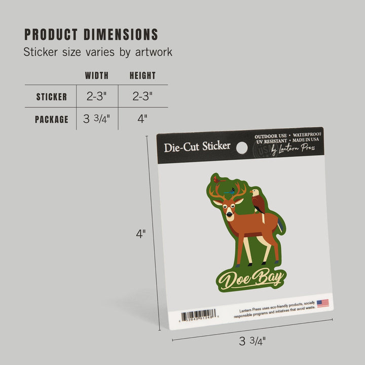 Doe Bay, Orcas Island, Washington, Deer and Birds, Geometric, Contour, Vinyl Sticker Sticker Lantern Press 