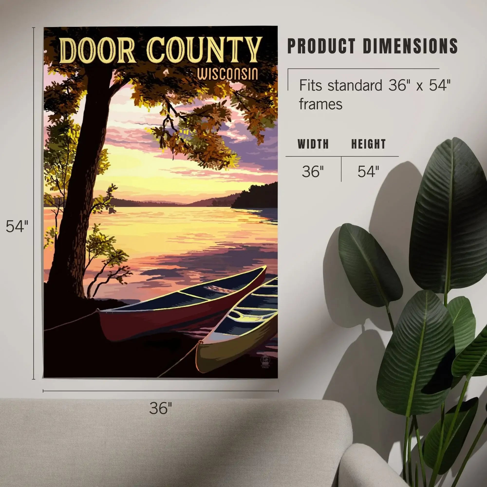 Door County, Wisconsin, Canoe and Lake at Sunset art prints, metal