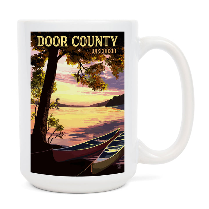 Door County, Wisconsin, Canoe & Lake at Sunset, Lantern Press Artwork, Ceramic Mug Mugs Lantern Press 