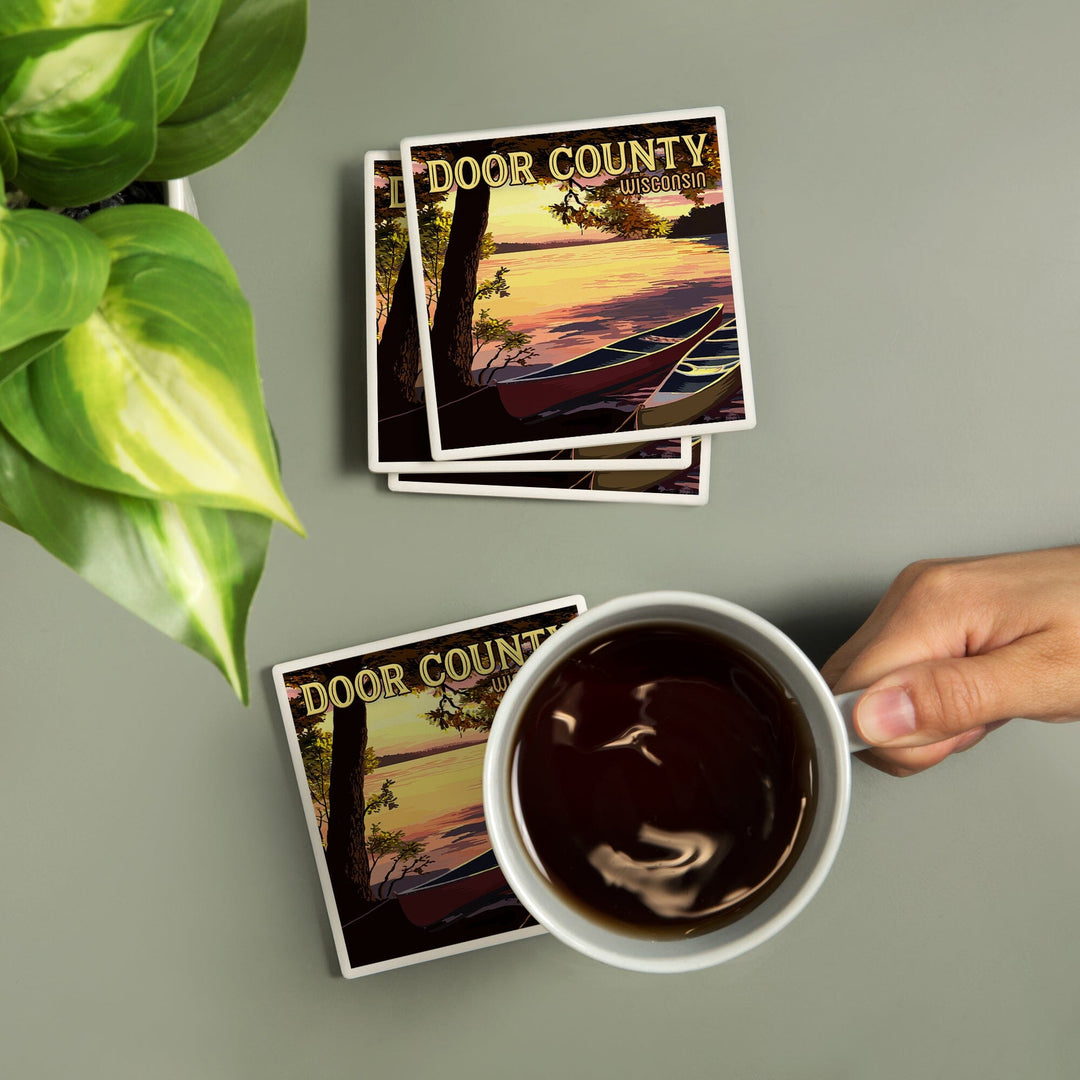 Door County, Wisconsin, Canoe & Lake at Sunset, Lantern Press Artwork, Coaster Set - Lantern Press