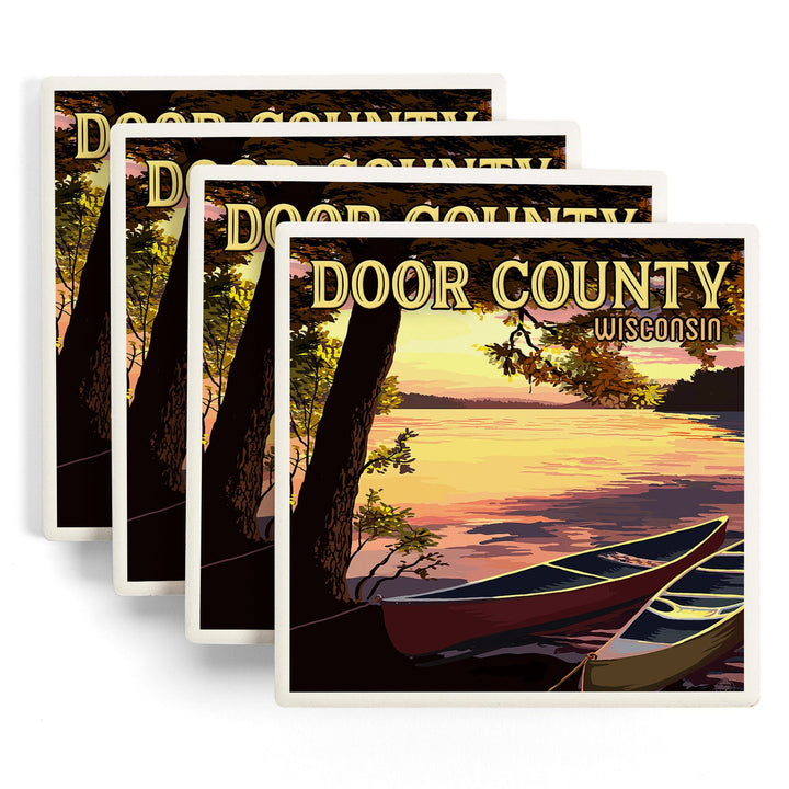 Door County, Wisconsin, Canoe & Lake at Sunset, Lantern Press Artwork, Coaster Set - Lantern Press