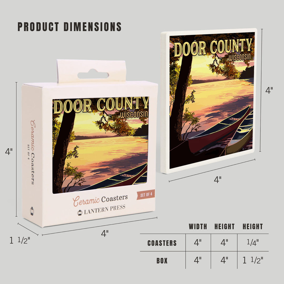 Door County, Wisconsin, Canoe & Lake at Sunset, Lantern Press Artwork, Coaster Set - Lantern Press