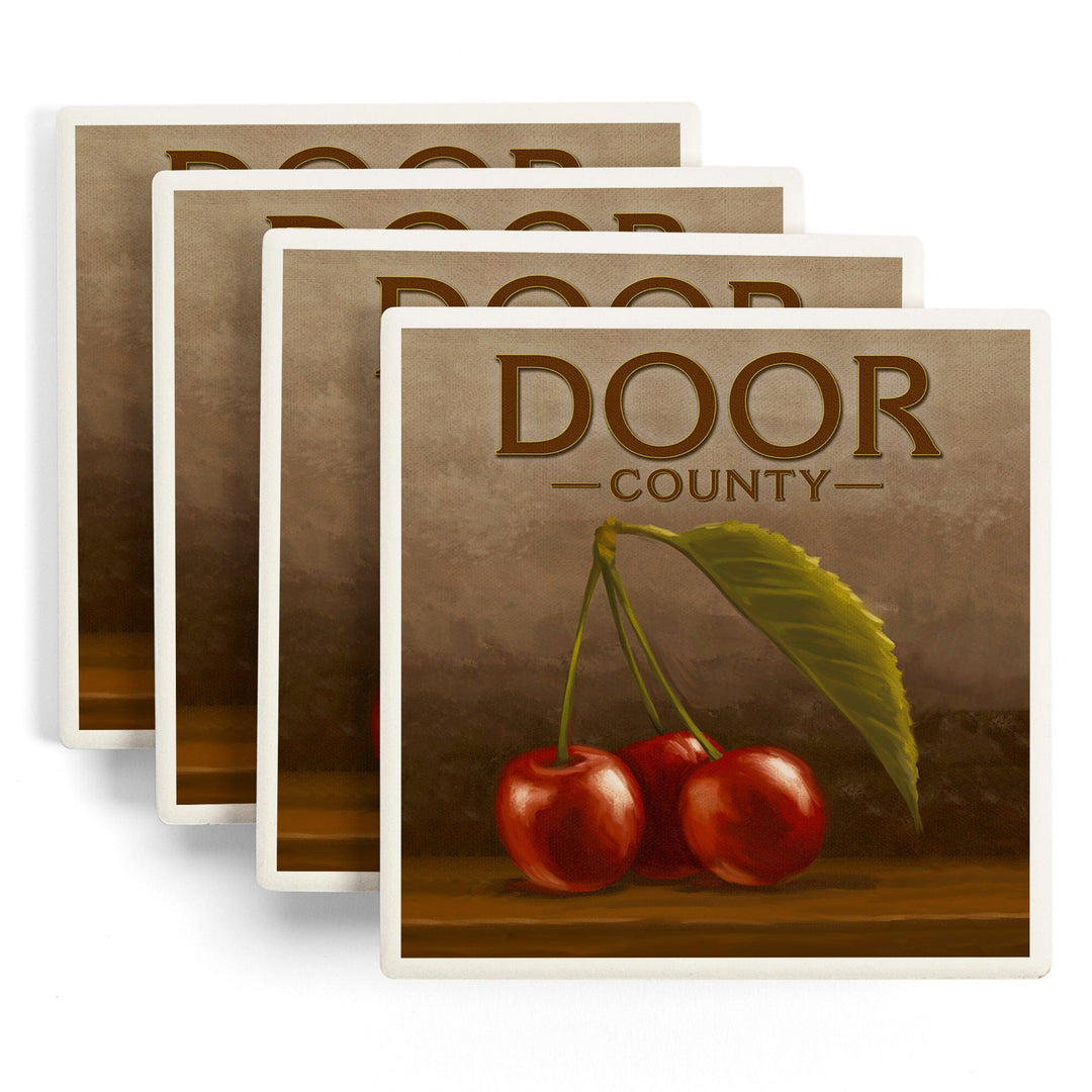 Door County, Wisconsin, Cherries, Oil Painting, Lantern Press Artwork, Coaster Set - Lantern Press