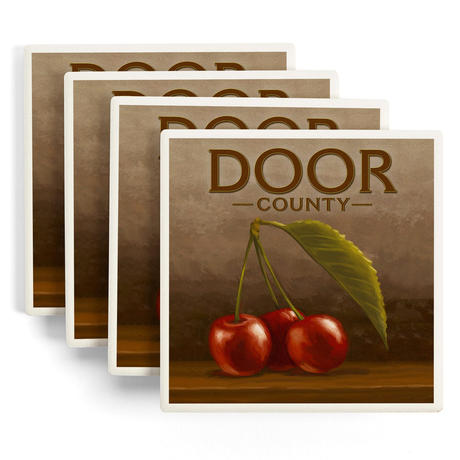 Door County, Wisconsin, Cherries, Oil Painting, Lantern Press Artwork, Coaster Set - Lantern Press