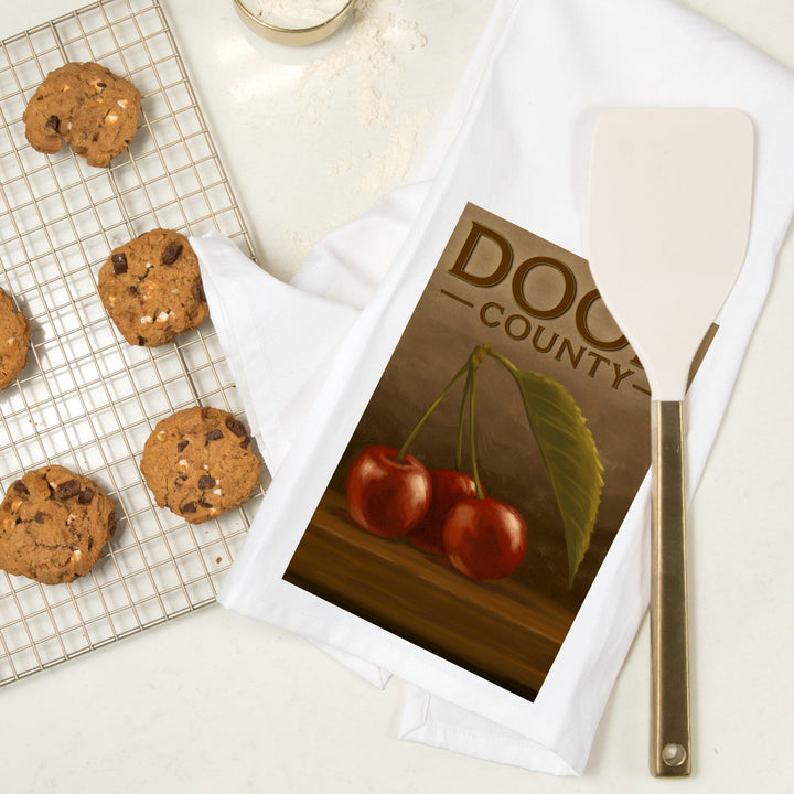 Door County, Wisconsin, Cherries, Oil Painting, Organic Cotton Kitchen Tea Towels Kitchen Lantern Press 