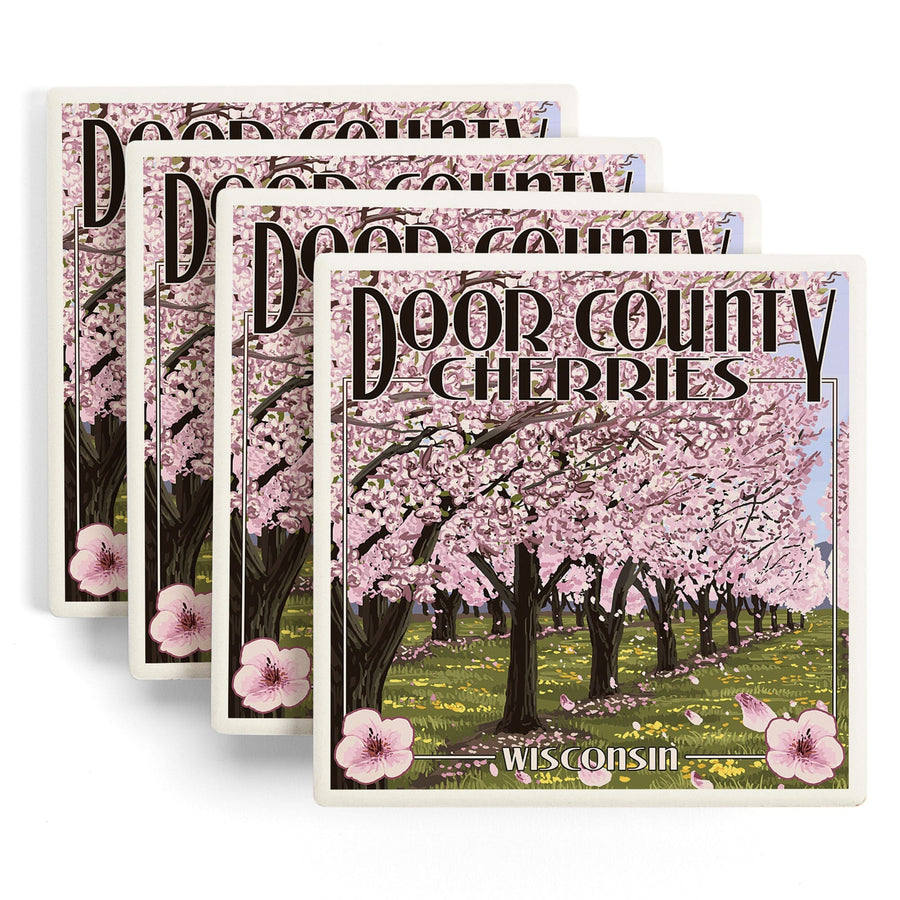 Door County, Wisconsin, Cherry Blossoms, Lantern Press Artwork, Coaster Set - Lantern Press