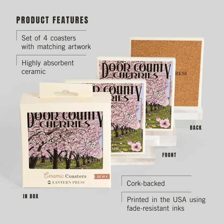 Door County, Wisconsin, Cherry Blossoms, Lantern Press Artwork, Coaster Set - Lantern Press