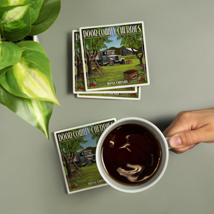 Door County, Wisconsin, Cherry Harvest, Coasters Coasters Lantern Press 