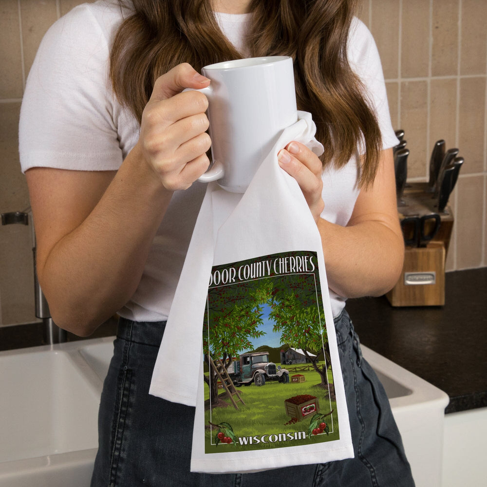 Door County, Wisconsin, Cherry Harvest, Organic Cotton Kitchen Tea Towels Kitchen Lantern Press 