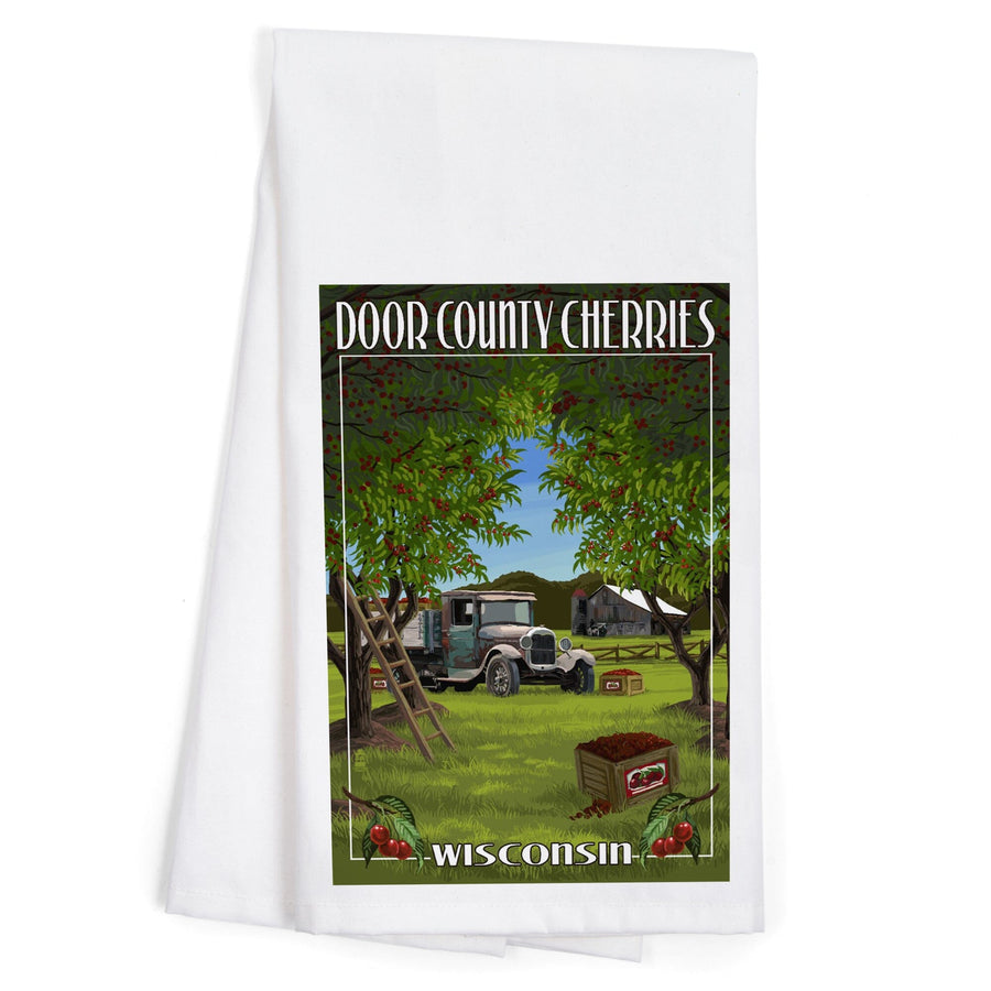 Door County, Wisconsin, Cherry Harvest, Organic Cotton Kitchen Tea Towels Kitchen Lantern Press 