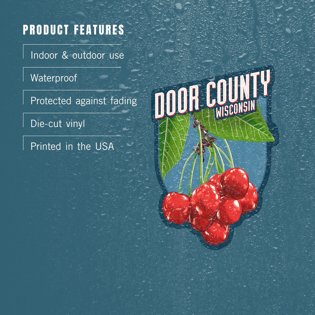 Door County, Wisconsin, Cherry Letterpress, Filtered, Contour, Lantern Press Artwork, Vinyl Sticker Sticker Lantern Press 
