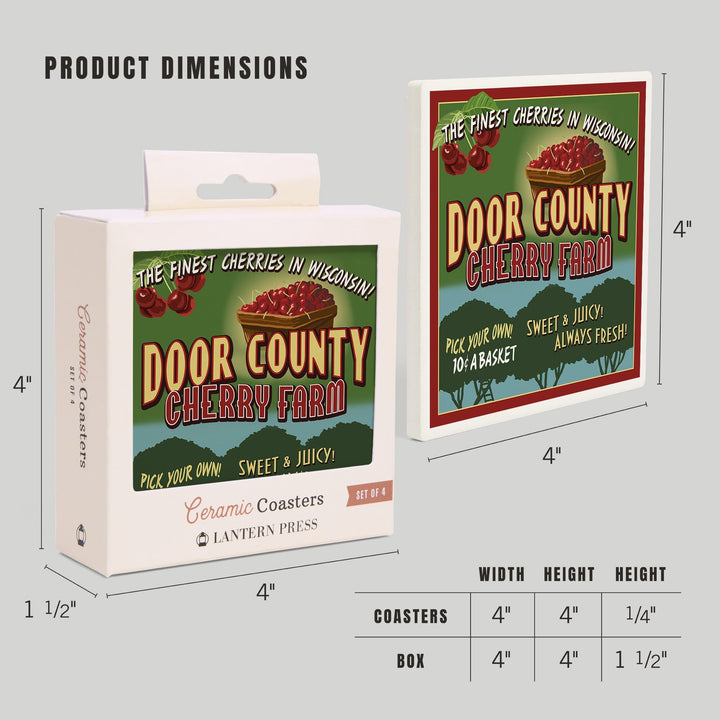 Door County, Wisconsin, Cherry Vintage Sign, Coasters Coasters Lantern Press 