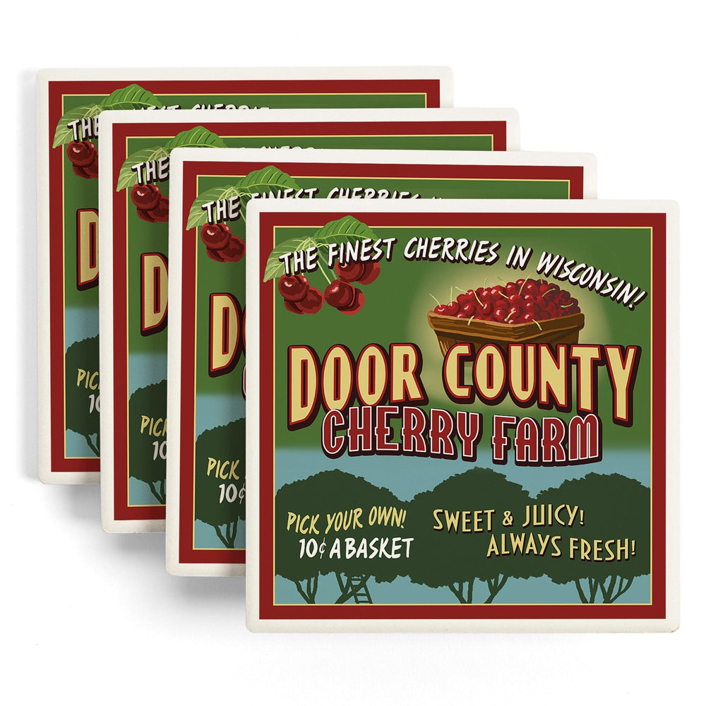 Door County, Wisconsin, Cherry Vintage Sign, Coasters Coasters Lantern Press 
