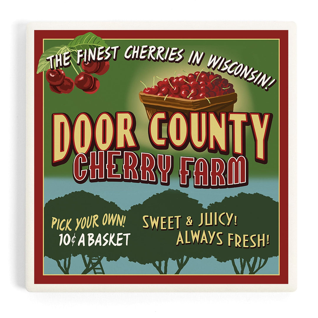 Door County, Wisconsin, Cherry Vintage Sign, Coasters Coasters Lantern Press 