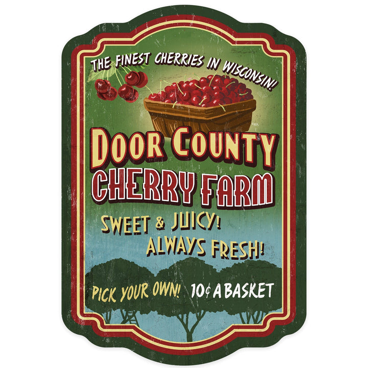 Door County, Wisconsin, Cherry Vintage Sign, Contour, Lantern Press Artwork, Vinyl Sticker Sticker Lantern Press 