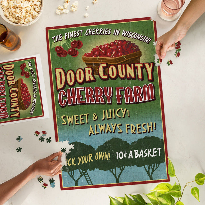 Door County, Wisconsin, Cherry Vintage Sign, Jigsaw Puzzle Puzzle Lantern Press 
