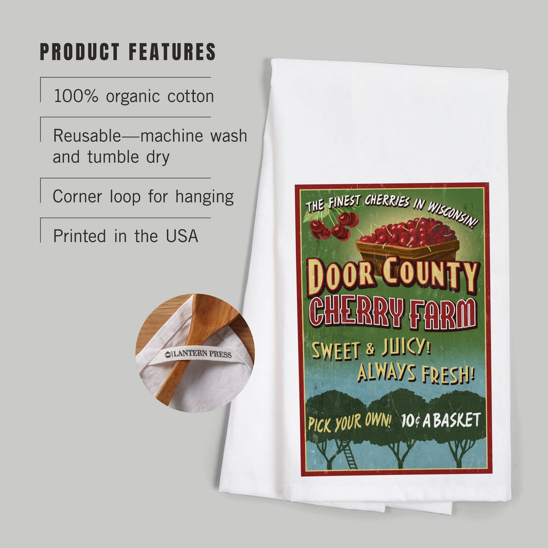 Door County, Wisconsin, Cherry Vintage Sign, Organic Cotton Kitchen Tea Towels Kitchen Lantern Press 