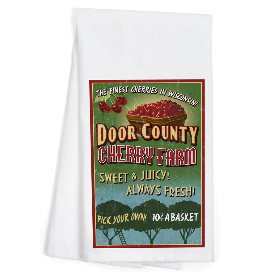 Door County, Wisconsin, Cherry Vintage Sign, Organic Cotton Kitchen Tea Towels Kitchen Lantern Press 