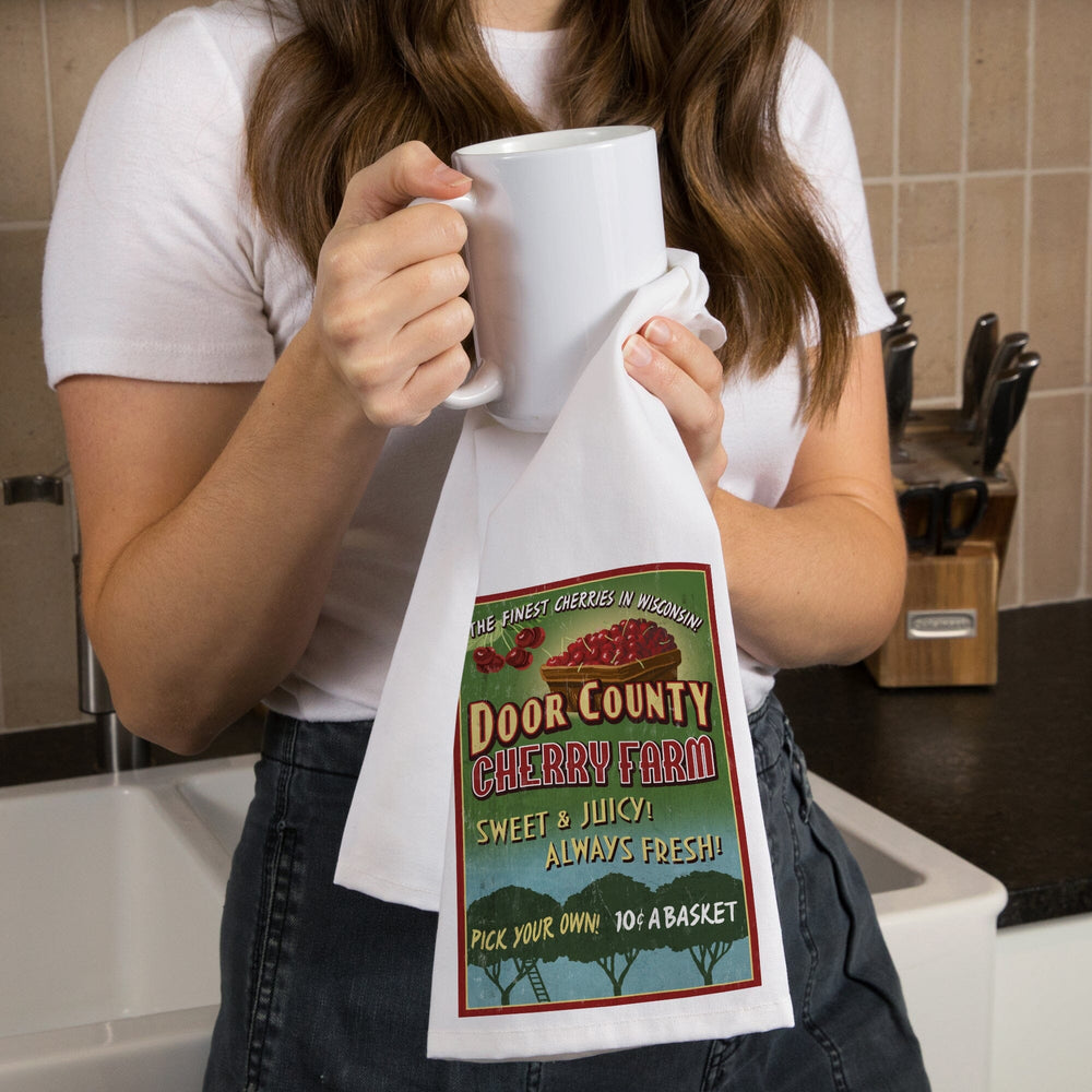 Door County, Wisconsin, Cherry Vintage Sign, Organic Cotton Kitchen Tea Towels Kitchen Lantern Press 