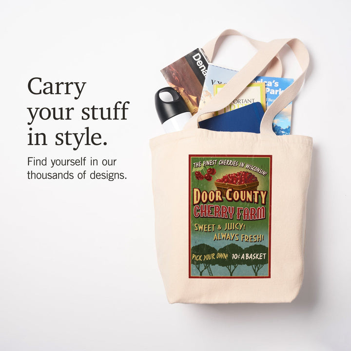 Door County, Wisconsin, Cherry Vintage Sign, Tote Bag Totes Lantern Press 