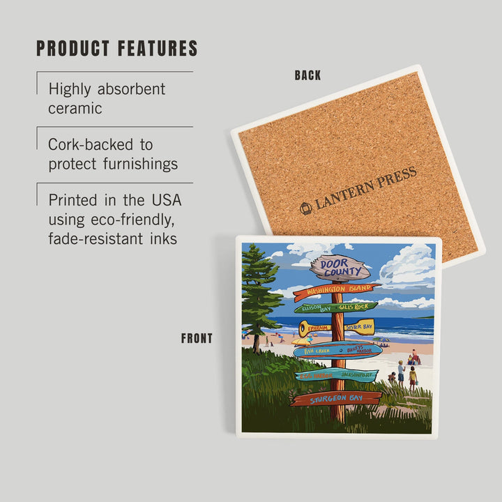 Door County, Wisconsin, Destination Signpost, New, Coasters Coasters Lantern Press 
