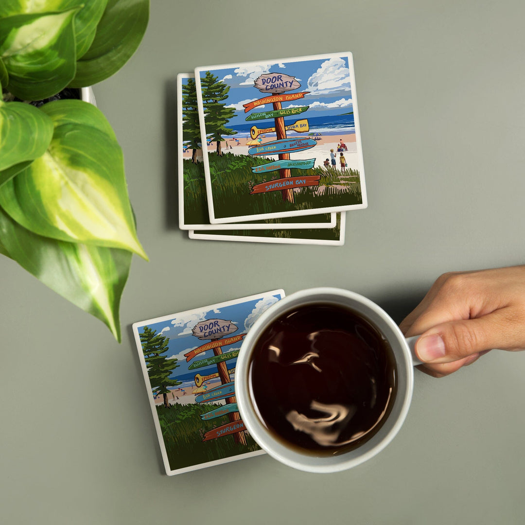 Door County, Wisconsin, Destination Signpost, New, Coasters Coasters Lantern Press 