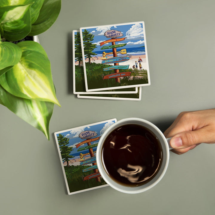 Door County, Wisconsin, Destination Signpost, New, Coasters Coasters Lantern Press 