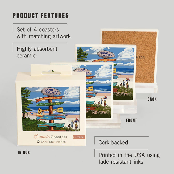 Door County, Wisconsin, Destination Signpost, New, Coasters Coasters Lantern Press 