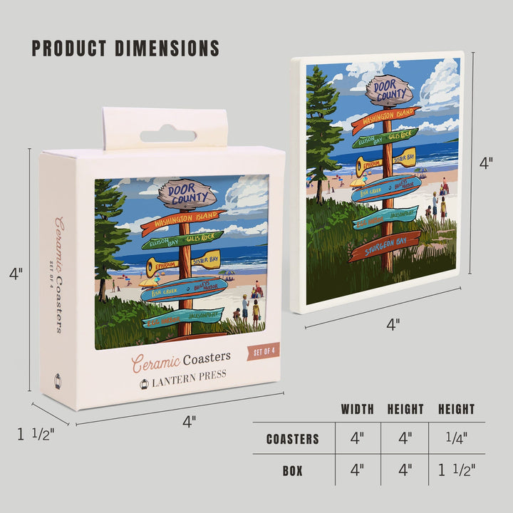 Door County, Wisconsin, Destination Signpost, New, Coasters Coasters Lantern Press 