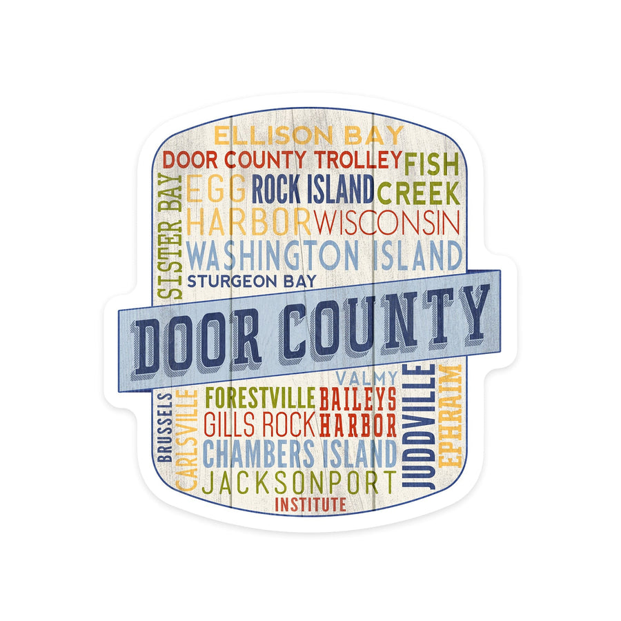 Door County, Wisconsin, Door County Trolley, Rustic Typography, Contour, Lantern Press Artwork, Vinyl Sticker Sticker Lantern Press 