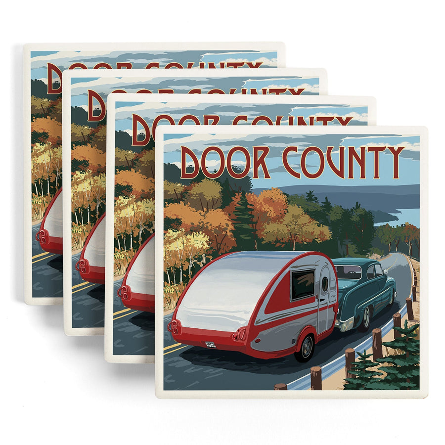 Door County, Wisconsin, Retro Camper Cruise, Lantern Press Artwork, Coaster Set - Lantern Press