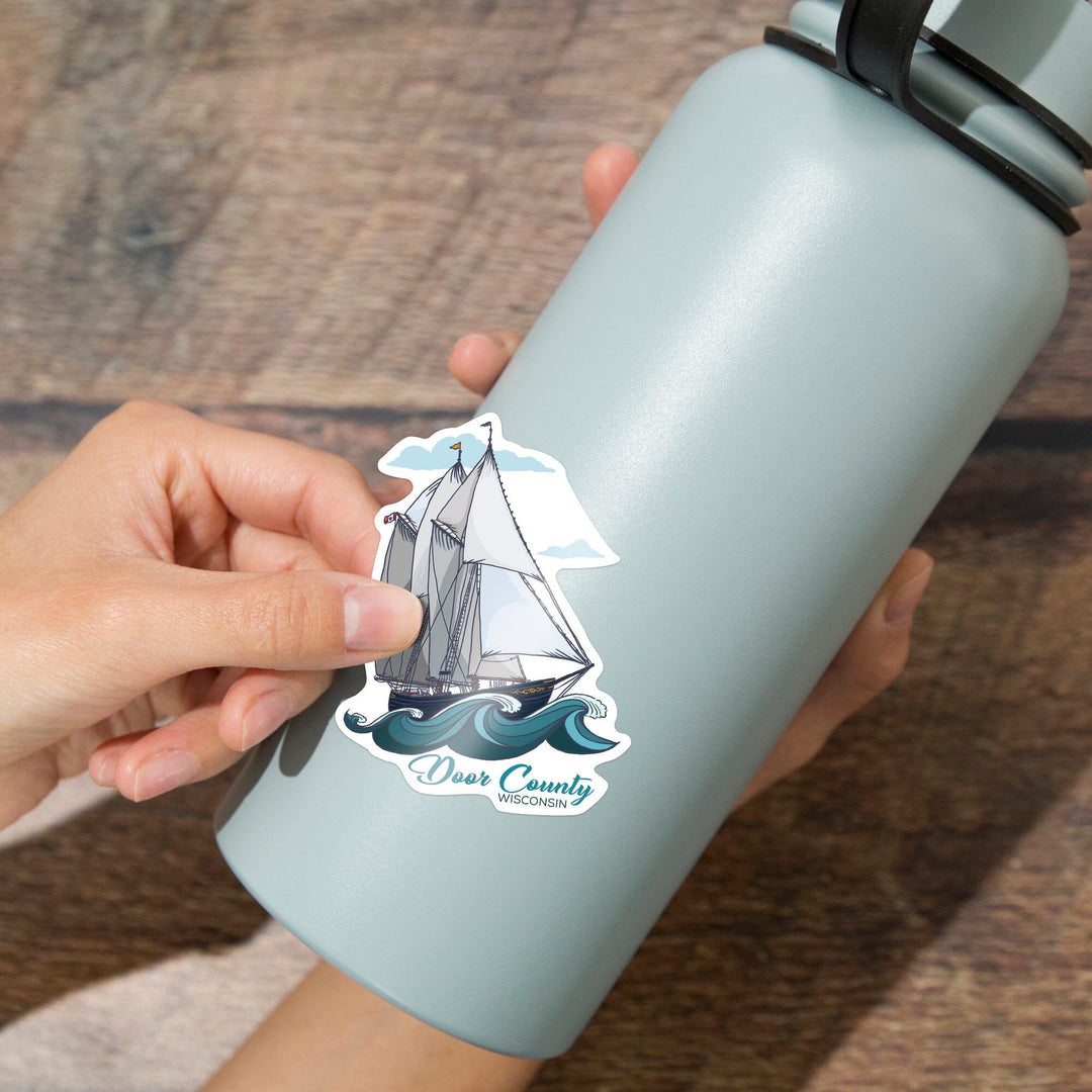 Door County, Wisconsin, Schooner, Sailboat, Contour, Vinyl Sticker Sticker Lantern Press 