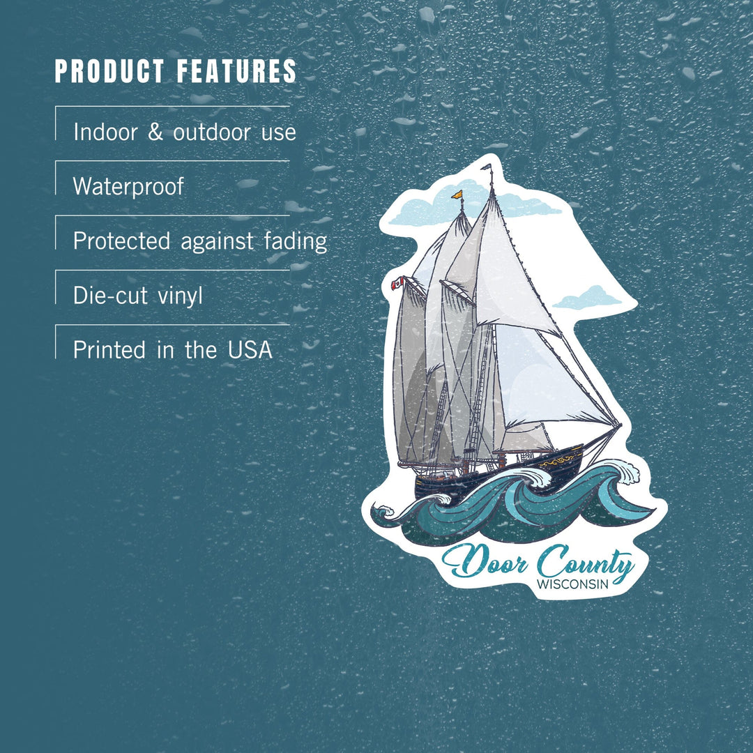 Door County, Wisconsin, Schooner, Sailboat, Contour, Vinyl Sticker Sticker Lantern Press 