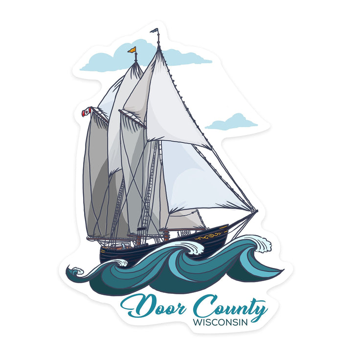 Door County, Wisconsin, Schooner, Sailboat, Contour, Vinyl Sticker Sticker Lantern Press 