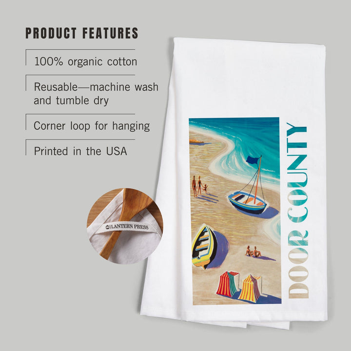 Door County, Wisconsin, Vintage Beach Scene, Organic Cotton Kitchen Tea Towels Kitchen Lantern Press 