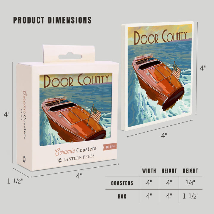 Door County, Wisconsin, Wooden Boat, Lantern Press Artwork, Coaster Set - Lantern Press