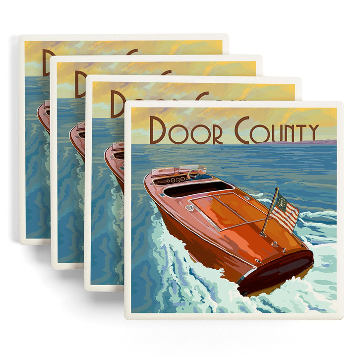 Door County, Wisconsin, Wooden Boat, Lantern Press Artwork, Coaster Set - Lantern Press