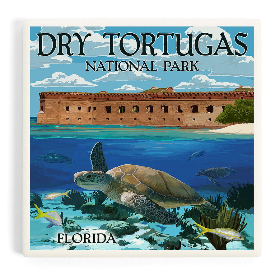 Dry Tortugas National Park, Florida, Sea Turtle, Painterly Series, Coasters Coasters Lantern Press 