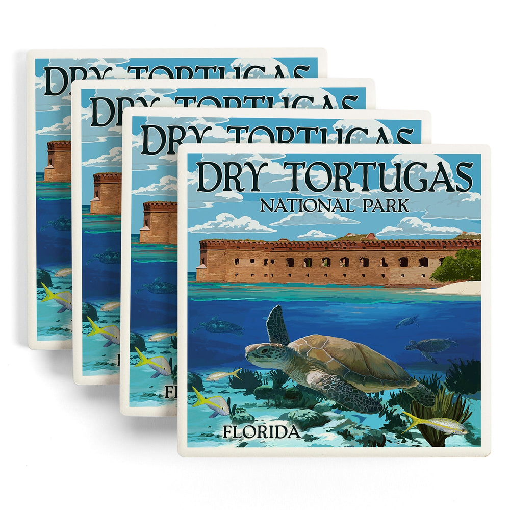 Dry Tortugas National Park, Florida, Sea Turtle, Painterly Series, Coasters Coasters Lantern Press 