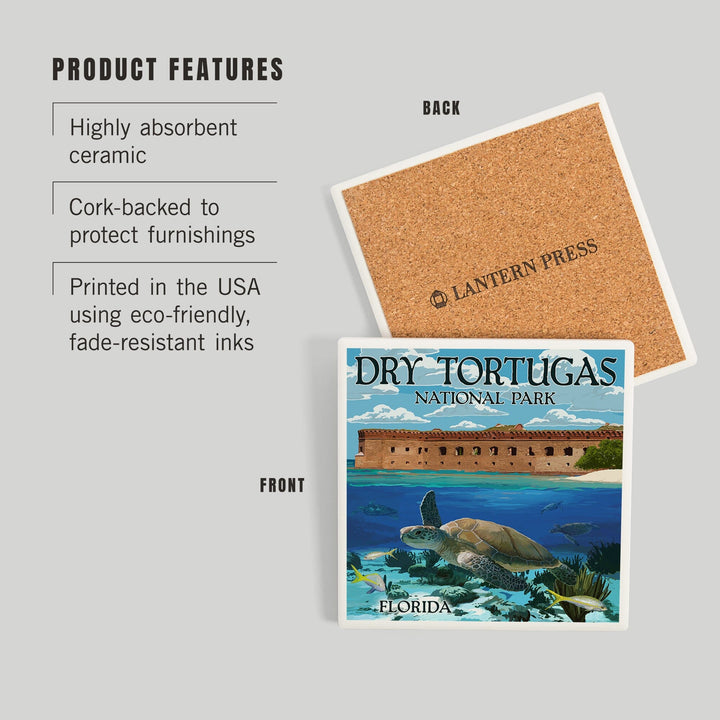 Dry Tortugas National Park, Florida, Sea Turtle, Painterly Series, Coasters Coasters Lantern Press 