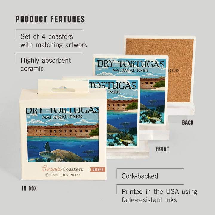 Dry Tortugas National Park, Florida, Sea Turtle, Painterly Series, Coasters Coasters Lantern Press 