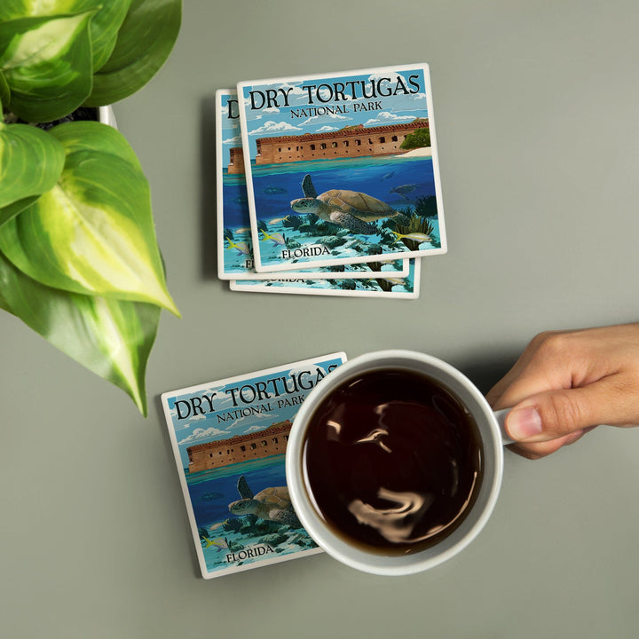 Dry Tortugas National Park, Florida, Sea Turtle, Painterly Series, Coasters Coasters Lantern Press 