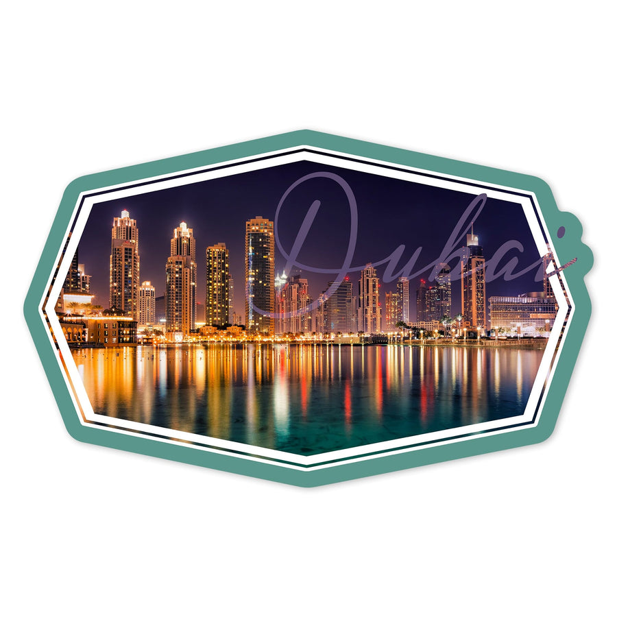 Dubai, United Arab Emirates, City Skyline at Night, Contour, Vinyl Sticker Sticker Lantern Press 