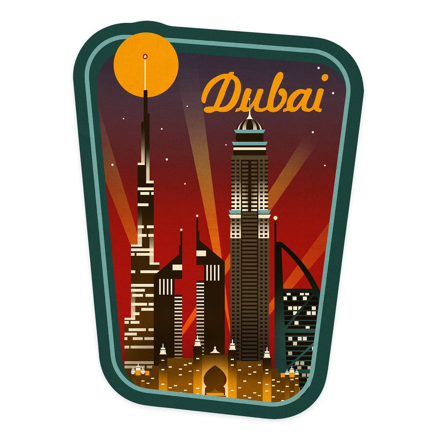Dubai, United Arab Emirates, Retro Skyline, Contour, Lantern Press Artwork, Vinyl Sticker Sticker Lantern Press 