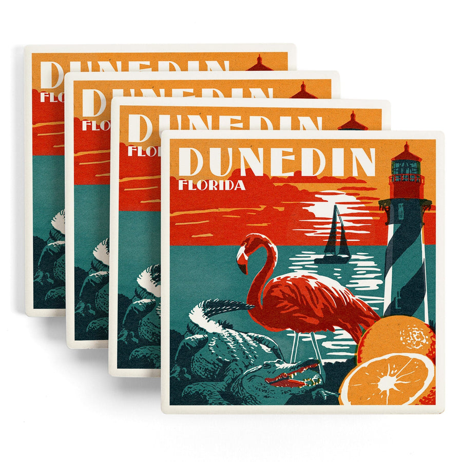 Dunedin, Florida, Woodblock, Lantern Press Artwork, Coaster Set - Lantern Press