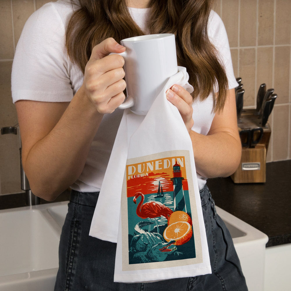 Dunedin, Florida, Woodblock, Organic Cotton Kitchen Tea Towels Kitchen Lantern Press 
