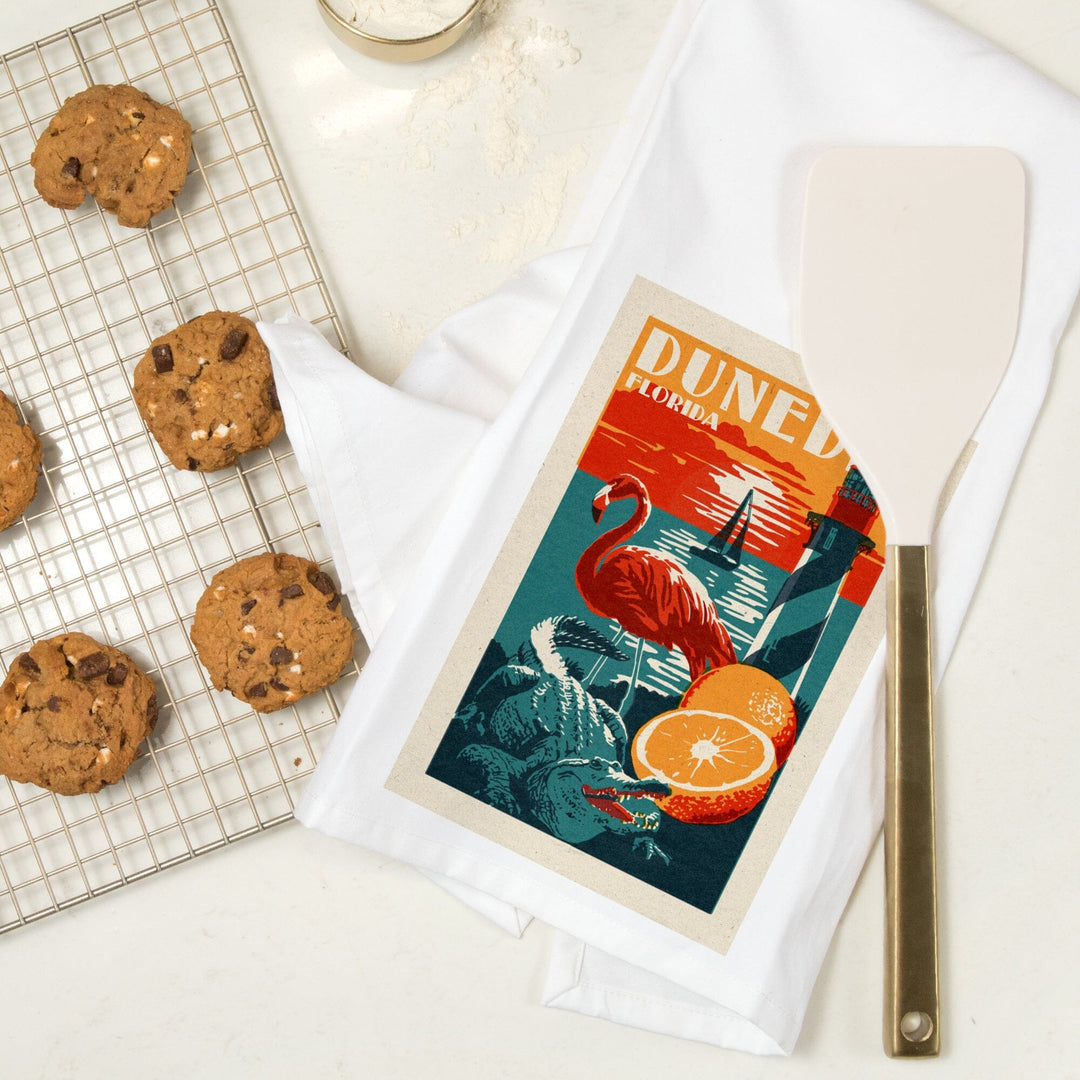 Dunedin, Florida, Woodblock, Organic Cotton Kitchen Tea Towels Kitchen Lantern Press 